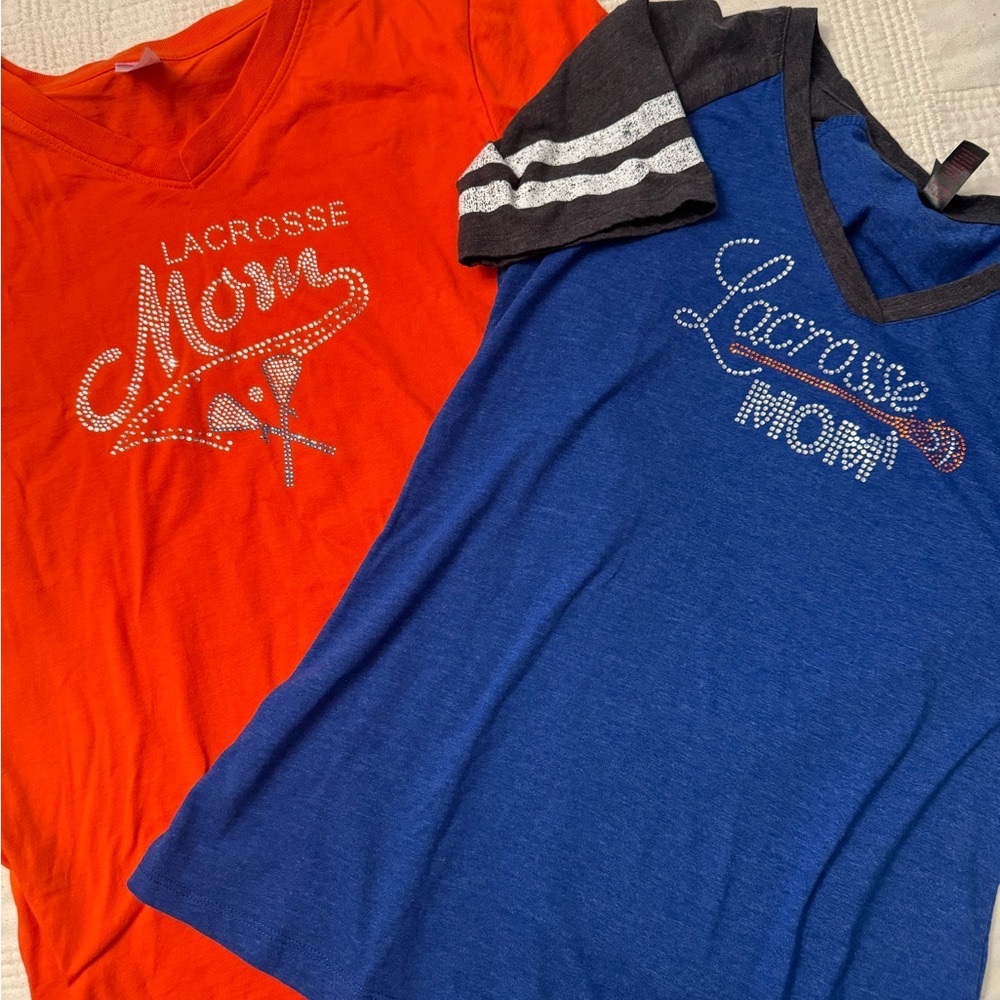 Two Rhinestone Lacrosse Mom tshirts, size M